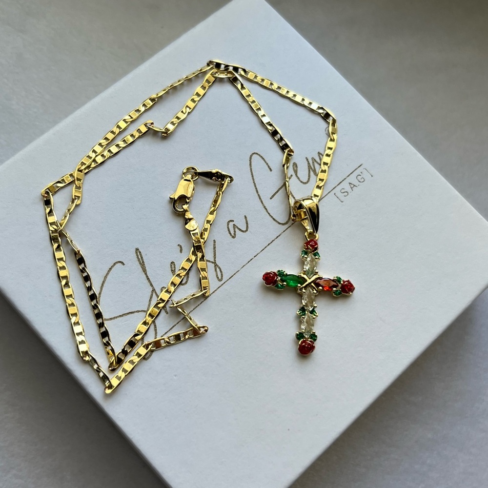 Gold Filled Cross Pendant Necklace with Red and Green Rose Accents